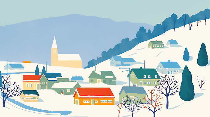 JPG 나무 사계절 건축 문화 컬러 겨울 일러스트 자연 하늘 산 주택 따뜻함 풍경 생활 교회 평화 마을 시골 스노우 풍경화 국내일러스트 AI일러스트 AI콘텐츠 식물 계절 컨셉 종교건축 건물 그림 생태계 파일형식