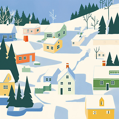 JPG 나무 컬러 크리스마스 겨울 일러스트 자연 눈사람 산 주택 풍경 경사 마을 고요 주말 풍경화 국내일러스트 AI일러스트 AI콘텐츠 식물 계절 기념일 건물 그림 생태계 파일형식