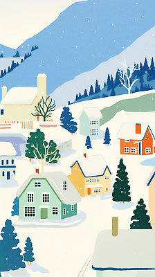 JPG 나무 컬러 겨울 일러스트 자연 날씨 산 주택 한국 풍경 파란색 마을 고요 흰색 조화 국내일러스트 AI일러스트 AI콘텐츠 식물 계절 아시아 건물 생태계 파일형식