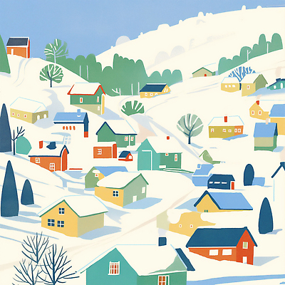 JPG 나무 컬러 겨울 일러스트 자연 거리 주택 따뜻함 풍경 마을 고요 언덕 즐거움 조용 아기자기 국내일러스트 AI일러스트 AI콘텐츠 식물 계절 감정 컨셉 건물 생태계 파일형식