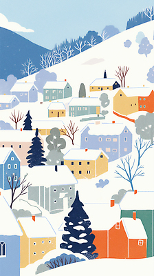 JPG 나무 디자인 컬러 겨울 일러스트 자연 주택 풍경 일상 평화 마을 고요 회색 언덕 조화 뷰티풀 국내일러스트 AI일러스트 AI콘텐츠 식물 계절 컨셉 건물 라이프 생태계 파일형식