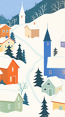 JPG 주간 나무 컬러 겨울 일러스트 자연 날씨 주택 풍경 빨간색 초록색 파란색 교회 평화 마을 탑 주황색 다양 화사함 국내일러스트 AI일러스트 AI콘텐츠 자연요소 식물 건축물 계절 다수 컨셉 종교건축 건물 생태계 파일형식