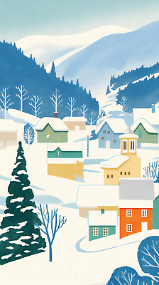 JPG 나무 겨울 일러스트 자연 하늘 날씨 산 주택 풍경 평화 마을 지역 조화 뷰티풀 국내일러스트 AI일러스트 AI콘텐츠 식물 계절 컨셉 건물 생태계 파일형식