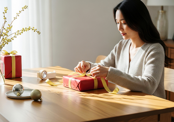 JPG 나무 편집이미지 손 여자 리본 포장 탁자 선물 빨간색 햇빛 방 금색 분위기 편안함 준비 정성 의료성형뷰티 편집실사 AI인물포토 AI콘텐츠 식물 컬러 가구 컨셉 사람 신체부위 태양 감각 CG 파일형식 AI포토