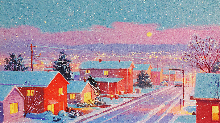 JPG 나무 설경 겨울 일러스트 자연 하늘 거리 주택 따뜻함 풍경 빛 평화 전선 추위 도시 분위기 저녁 조용 주택가 국내일러스트 AI일러스트 AI콘텐츠 식물 계절 컨셉 건물 야간 생태계 파일형식