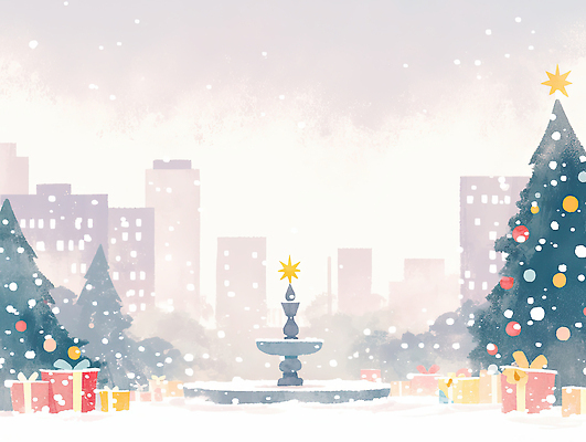 JPG 공원 행복 크리스마스 겨울 일러스트 조명 따뜻함 선물 풍경 이벤트 여러명 장식 크리스마스트리 축제 도시 휴일 분위기 분수 뷰티풀 국내일러스트 AI일러스트 AI콘텐츠 계절 공공시설 기념일 감정 다수 컨셉 사람 파일형식