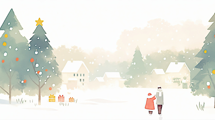 JPG 나무 크리스마스 겨울 일러스트 가족 따뜻함 선물 사랑 풍경 두명 장식 산타클로스 평화 걷기 마을 오두막 흰눈 국내일러스트 AI일러스트 AI콘텐츠 식물 계절 기념일 감정 컨셉 관계 모션 눈_날씨 사람 파일형식