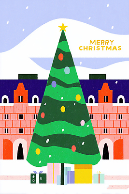 JPG 계절 기념일 포스터 컬러 크리스마스 겨울 일러스트 선물 풍경 건물 장식 빨간색 파란색 크리스마스트리 축제 기쁨 눈부심 연말 몽환 국내일러스트 AI일러스트 AI콘텐츠 건축물 감정 컨셉 이벤트 파일형식