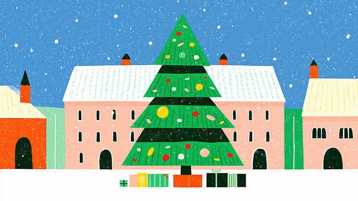 JPG 나무 포스터 크리스마스 겨울 일러스트 가족 선물 사랑 풍경 건물 장식 초록색 세트 크리스마스트리 마을 축제 기쁨 준비 연말 국내일러스트 AI일러스트 AI콘텐츠 식물 건축물 계절 기념일 감정 컬러 관계 파일형식