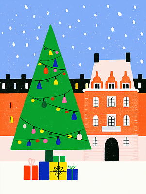 JPG 나무 포스터 예술 컬러 크리스마스 겨울 일러스트 전구 주택 선물 풍경 장식 크리스마스트리 축제 기쁨 축하 도시 소원 밝은색 풍경화 국내일러스트 AI일러스트 AI콘텐츠 식물 계절 기념일 감정 컨셉 건물 그림 파일형식