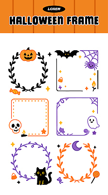 캐릭터 기념일 컬러 백그라운드 일러스트 호박 해골 프레임 사탕 그래픽 장식 파티 귀여움 고양이 할로윈 유령 박쥐 디지털아트 국내일러스트 AI파일 컨셉 채소 포유류 디저트 뼈 이벤트 반려동물 파일형식 벡터