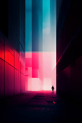 JPG 편집이미지 실루엣 상상 조명 사람 풍경 건물 빛 걷기 고요 도시 골목길 신비 색채 이미지편집 AI컴퓨터그래픽 AI콘텐츠 건축물 길 컨셉 모션 촬영기법 파일형식