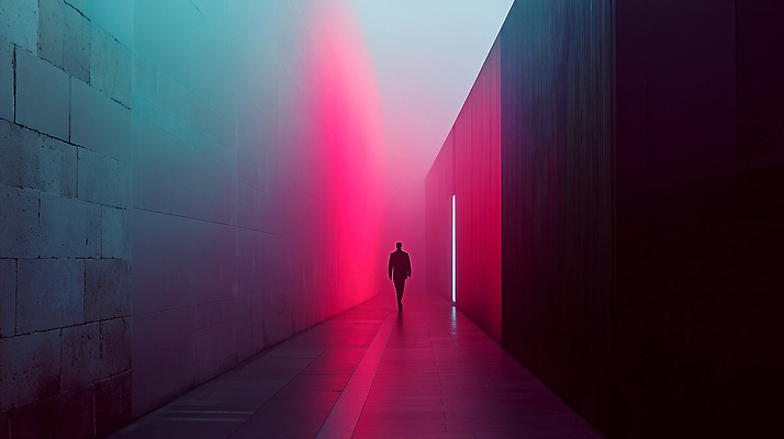 JPG 편집이미지 디자인 컬러 조명 실내 사람 빛 걷기 어둠 고요 공간 복도 분위기 신비 모던 몽환 이미지편집 AI컴퓨터그래픽 AI콘텐츠 컨셉 모션 내부 파일형식