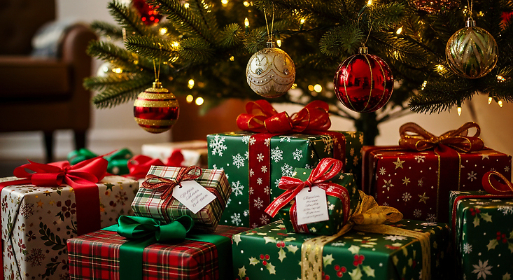 JPG 편집이미지 크리스마스 겨울 포장 전구 가족 선물 장식 빨간색 크리스마스트리 축제 희망 기쁨 금색 분위기 편집실사 AI포토 AI콘텐츠 계절 기념일 감정 컬러 컨셉 관계 CG 파일형식