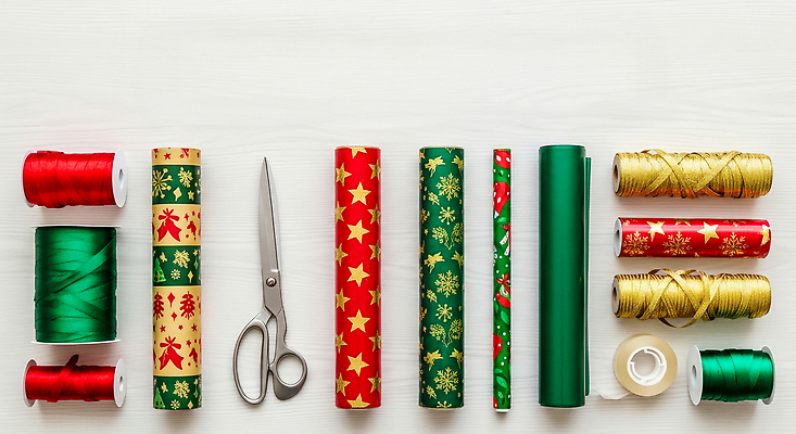 JPG 편집이미지 리본 크리스마스 탁자 선물 장식 빨간색 초록색 금색 은색 공예 포장지 테이프 손재주 창의성 편집실사 AI포토 AI콘텐츠 기념일 컬러 가구 포장 문구용품 취미 CG 파일형식