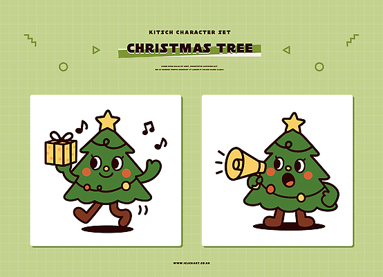 캐릭터 크리스마스 겨울 일러스트 가족 선물 장식 초록색 친구 크리스마스트리 산타클로스 귀여움 확성기 축하 즐거움 연말 아기자기 일러캐릭터 AI파일 계절 기념일 감정 컬러 컨셉 관계 파일형식 벡터