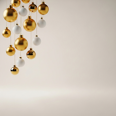 JPG 편집이미지 디자인 기념일 백그라운드 공 매달리기 이벤트 장식 축제 공간 금색 흰색 고리 조화 뷰티풀 오너먼트 이미지편집 AI컴퓨터그래픽 AI콘텐츠 컬러 크리스마스장식 모션 파일형식