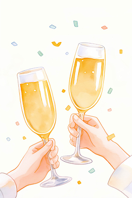 JPG 손 기념일 행복 일러스트 잔 주류 이벤트 두명 파티 축제 우정 기쁨 축하 샴페인 즐거움 건배 소통 밝은색 연말 국내일러스트 AI일러스트 AI콘텐츠 식기 감정 음료 컨셉 사람 신체부위 친구 파일형식