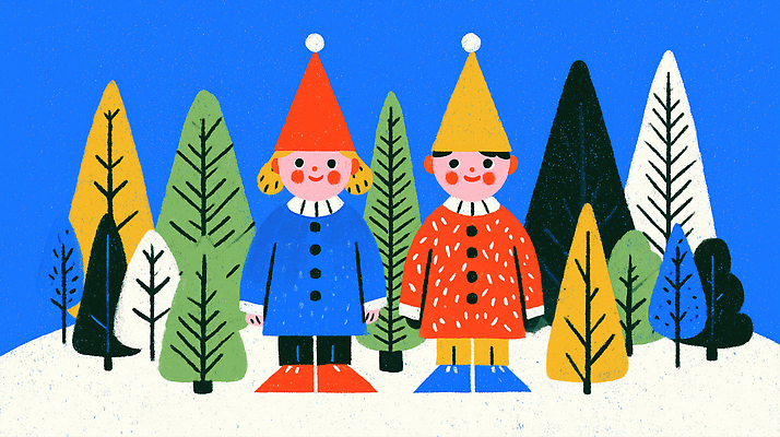 JPG 나무 캐릭터 어린이 컬러 하늘색 백그라운드 크리스마스 겨울 일러스트 놀이 소년 친구 산책 숲 즐거움 그림 빨간코트 국내일러스트 식물 계절 기념일 남자 감정 관계 휴식 사람 파란색 파일형식