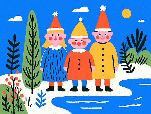 JPG 나무 캐릭터 옷 꽃 행복 어린이 컬러 크리스마스 겨울 일러스트 동화 웃음 풍경 세명 산책 신비 국내일러스트 식물 계절 기념일 감정 컨셉 휴식 표정 사람 파일형식