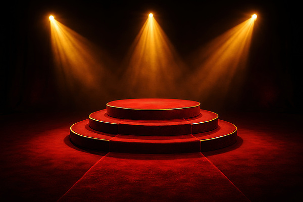 JPG 편집이미지 디자인 예술 조명 이벤트 빨간색 카펫 공연 무대 분위기 피라미드 스포트라이트 설치 스텝 포디움 이미지편집 AI컴퓨터그래픽 AI콘텐츠 건축물 컬러 컨셉 랜드마크 파일형식