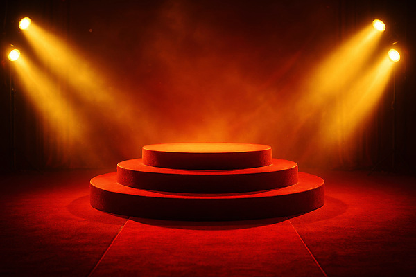 JPG 편집이미지 디자인 예술 음악 조명 빨간색 콘서트 공연 금색 무대 원형 준비 그림 연극 포디움 이미지편집 AI컴퓨터그래픽 AI콘텐츠 도형 컬러 문화예술 이벤트 파일형식