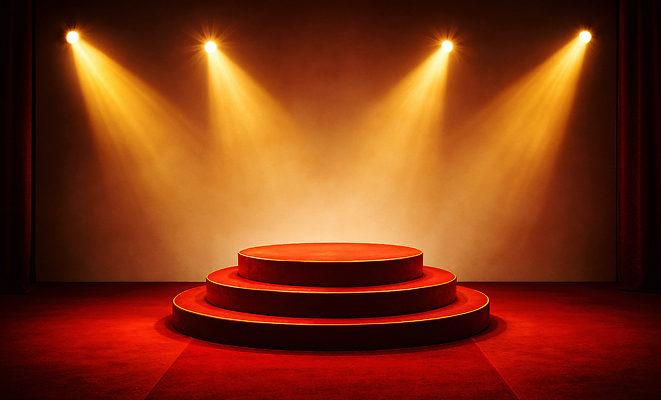 JPG 편집이미지 시선 예술 조명 이벤트 빨간색 소리 카펫 공연 무대 분위기 군중 집중 준비 스포트라이트 연극 포디움 이미지편집 AI컴퓨터그래픽 AI콘텐츠 컬러 컨셉 문화예술 사람 파일형식