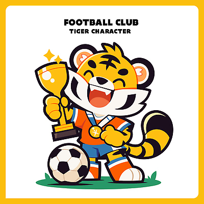 캐릭터 어린이 스포츠 포즈 유니폼 일러스트 축구공 공 모션 축제 축구 기쁨 우승 호랑이 트로피 즐거움 클럽 마스코트 시상식 칭찬 일러캐릭터 AI파일 옷 감정 축구용품 포유류 사람 구기 최고 상_우승 파일형식 벡터