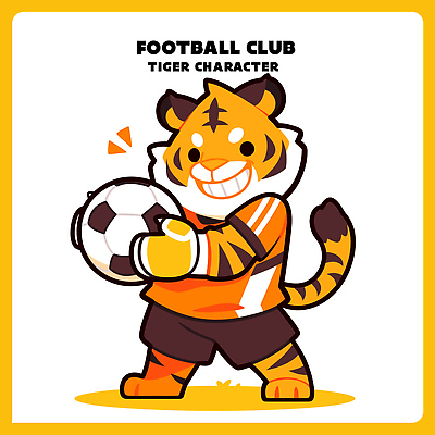 캐릭터 문화 어린이 인형 스포츠 컬러 백그라운드 유니폼 일러스트 축구공 모션 웃음 귀여움 축구 주황색 호랑이 즐거움 클럽 일러캐릭터 AI파일 옷 감정 컨셉 공 축구용품 포유류 표정 사람 구기 파일형식 벡터