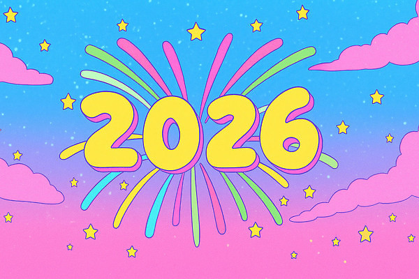 JPG 별 상징 컬러 백그라운드 일러스트 하늘 새해 기념 불꽃놀이 미소 이벤트 장식 축제 화려 즐거움 환영 연말 2026년 국내일러스트 AI일러스트 AI콘텐츠 자연요소 감정 컨셉 놀이 표정 연도 파일형식