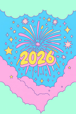 JPG 디자인 별 컬러 백그라운드 일러스트 하늘 새해 불꽃놀이 타이포그라피 축제 희망 기쁨 축하 화려 그림 클라우드서비스 2026년 국내일러스트 AI일러스트 AI콘텐츠 자연요소 문자 감정 컨셉 놀이 연도 서비스 파일형식