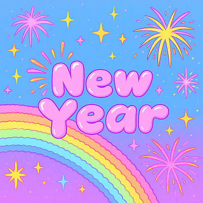 JPG 별 예술 분홍색 컬러 무지개 일러스트 하늘 새해 불꽃놀이 장식 파란색 빛 축제 기쁨 축하 화려 즐거움 환상 국내일러스트 AI일러스트 AI콘텐츠 자연요소 감정 컨셉 놀이 파일형식