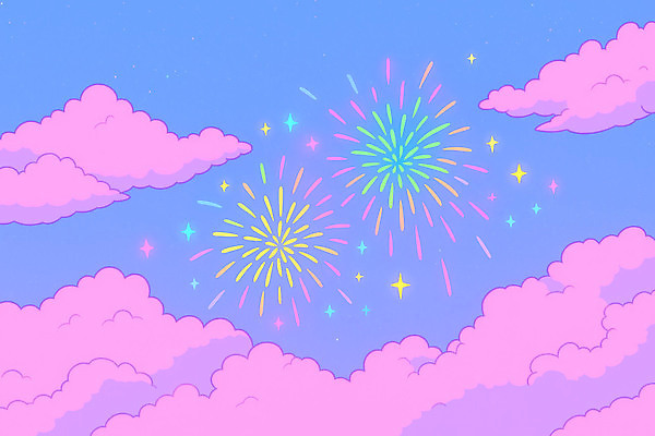 JPG 컬러 하늘색 일러스트 자연 밤하늘 하늘 조명 새해 불꽃놀이 이벤트 여름 반짝임 축제 다양 에너지 화려 즐거움 장면 환상 국내일러스트 AI일러스트 AI콘텐츠 계절 감정 다수 컨셉 모션 놀이 파란색 야간 생태계 파일형식