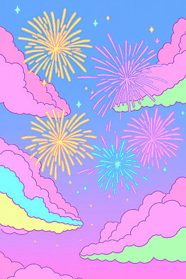 JPG 분홍색 컬러 일러스트 하늘 새해 폭죽 불꽃놀이 이벤트 파란색 노란색 축제 기쁨 축하 화려 분위기 즐거움 장면 색감 국내일러스트 AI일러스트 AI콘텐츠 감정 컨셉 놀이 파일형식