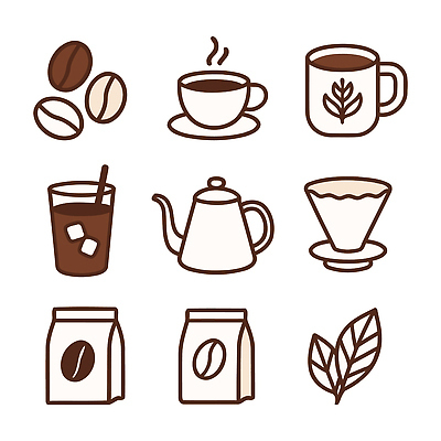 아이콘 커피 음료 주전자 잔 상점 가루 라떼 파일형식 벡터 원두 디자인 아이스커피 찻잔 커피포트 드립 커피가루 카페라떼 에스프레소 2D아이콘 AI파일 카페