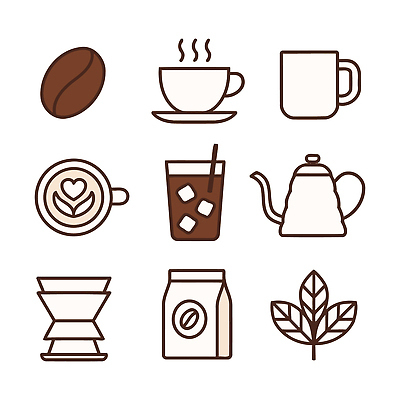 식물 아이콘 식기 커피 음료 생활용품 주방용품 상점 가루 파일형식 벡터 컵 냉음료 주전자 원두 커피가루 필터 잎 카페 에스프레소 라떼 2D아이콘 AI파일