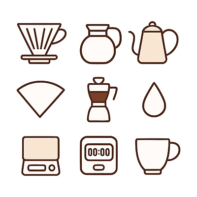아이콘 음료 주전자 상점 물통 파일형식 벡터 커피 추출 도구 드리퍼 커피포트 저울 타이머 물병 카페 디자인 제조 2D아이콘 AI파일