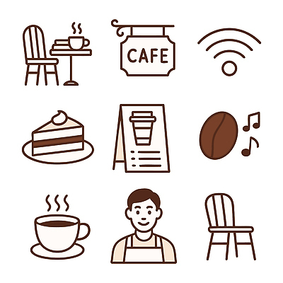 아이콘 직업 감정 음료 음식 가구 문화예술 디저트 말하기 상점 감각 파일형식 벡터 카페 커피 케이크 바리스타 음악 편안함 고객 탁자 의자 신선 여유 대화 2D아이콘 AI파일