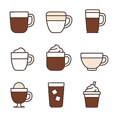 자연요소 아이콘 식기 음료 컬러 다수 컬러풀 상점 파일형식 벡터 커피 컵 카페 디자인 모음 알록달록 스타일 다양 그림 갈색 크림 얼음 HOT 2D아이콘 AI파일