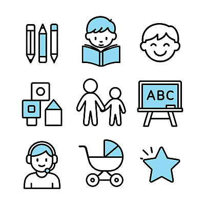 아이콘 교육 어린이 가족 놀이 책 친구 학습 장난감 유치원 봉사 놀이기구 교구 기부 소통 소프트웨어 창의력 2D아이콘 AI파일 컨셉 관계 사람 도움 파일형식 벡터