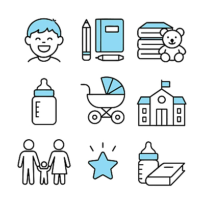 아이콘 교육 행복 어린이 인형 학교 가족 놀이 웃음 책 파란색 학습 연필 도구 아기 봉사 기부 2D아이콘 AI파일 감정 컬러 관계 학용품 표정 사람 필기구 도움 파일형식 벡터