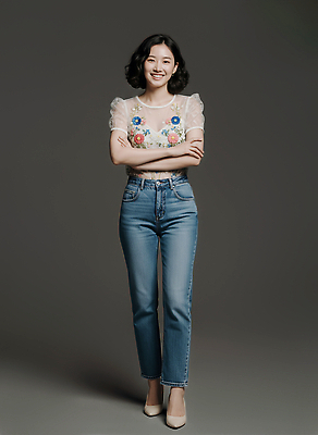 JPG 모델 편집이미지 여자 패션 포즈 꽃무늬 흑백 웃음 촬영 매력적 청바지 레이싱 블라우스 순간 의료성형뷰티 스타일 편집실사 AI인물포토 AI콘텐츠 꽃 컨셉 상의 무늬 바지 촬영기법 표정 사람 시합 CG 파일형식 AI포토