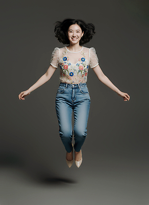 JPG 편집이미지 옷 패션 행복 감정 백그라운드 모션 밝음 웃음 사람 점프 청바지 즐거움 블라우스 주말 의료성형뷰티 스타일 편집실사 AI인물포토 AI콘텐츠 상의 바지 표정 CG 파일형식 AI포토
