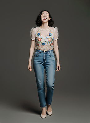 JPG 모델 편집이미지 여자 패션 감정 포즈 백그라운드 꽃무늬 웃음 사람 청바지 자신감 블라우스 의료성형뷰티 스타일 편집실사 AI인물포토 AI콘텐츠 꽃 상의 무늬 바지 표정 CG 파일형식 AI포토