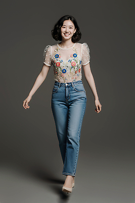 JPG 모델 편집이미지 옷 여자 패션 포즈 꽃무늬 스튜디오 조명 걷기 사진촬영 청바지 화려 블라우스 의료성형뷰티 스타일 편집실사 AI인물포토 AI콘텐츠 꽃 컨셉 상의 무늬 바지 모션 사람 촬영 CG 파일형식 AI포토