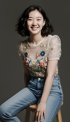 JPG 편집이미지 여자 패션 포즈 꽃무늬 스튜디오 조명 미소 앉기 촬영 청바지 자신감 편안함 모던 블라우스 의료성형뷰티 스타일 편집실사 AI인물포토 AI콘텐츠 꽃 감정 상의 무늬 바지 모션 표정 사람 감각 CG 파일형식 AI포토