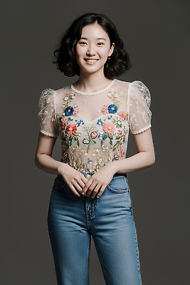 JPG 편집이미지 옷 패션 포즈 꽃무늬 조명 웃음 소녀 촬영 매력적 무대 청바지 분위기 블라우스 의료성형뷰티 스타일 편집실사 AI인물포토 AI콘텐츠 여자 꽃 어린이 컨셉 상의 무늬 바지 표정 CG 파일형식 AI포토