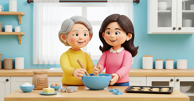 JPG 편집이미지 행복 할머니 가족 주방용품 손녀 함께함 건강 요리 쿠키 주방 시간 즐거움 반죽 만들기 소통 편집3D AI컴퓨터그래픽 AI콘텐츠 여자 노년 감정 생활용품 컨셉 관계 모션 디저트 3D 손주 파일형식
