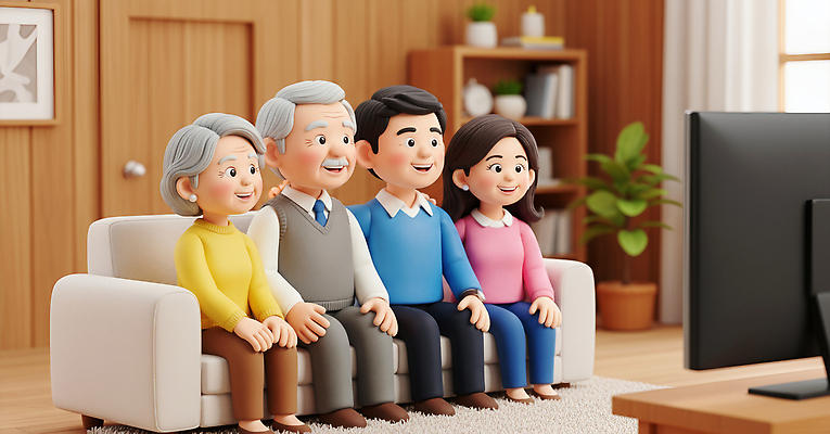 JPG 편집이미지 캐릭터 거실 가족 건강 이야기 웃음 소파 평화 텔레비전 시간 편안함 즐거움 편집3D AI컴퓨터그래픽 AI콘텐츠 감정 컨셉 의자 관계 표정 전자제품 3D 감각 파일형식