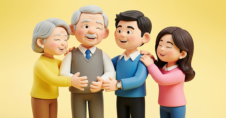 JPG 편집이미지 할아버지 행복 할머니 가족 관계 따뜻함 건강 사랑 웃음 부모 손잡기 기쁨 모임 순간 편집3D AI컴퓨터그래픽 AI콘텐츠 여자 노년 남자 감정 모션 표정 3D 파일형식